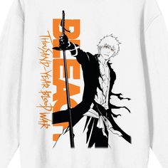 Step into the captivating world of Bleach 1000 Year Blood War with this adult white crew neck long sleeve sweatshirt. Adorned with an image of Ichigo Kurosaki against vibrant orange letters spelling out the anime's logo, this sweatshirt is a must-have for fans. Crafted from a comfortable blend of 50% cotton and 50% polyester, it offers both style and durability. Maintain its pristine condition with ease by machine washing on cold and tumble drying on low heat. Embrace the spirit of Bleach confid White Long Sleeve Sweater With Letter Print, White Cotton Sweater With Graphic Print, White Long Sleeve Graphic T-shirt, Fall Anime Print Crew Neck Top, White Graphic Print Crew Neck Sweater, White Crew Neck Sweater With Graphic Print, White Long Sleeve Sweater With Screen Print, White Long Sleeve Streetwear Sweater, White Long Sleeve Sweater For Streetwear