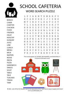 the word search for school cafeteria is shown in this printable worksheet to help students