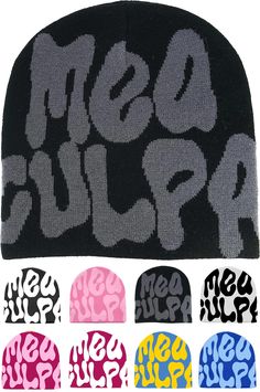 a beanie with the words meow stuff written on it in different colors and styles