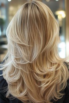 A woman with straight, blonde long hair styled in gorgeous layers from the back. Long Layered Haircuts Straight, Layered Haircuts Straight Hair, Layered Haircuts Straight, Haircuts For Long Hair Straight, Haircuts For Long Hair With Bangs, Haircuts For Long Hair With Layers, Long Layered Haircuts, Haircuts Straight Hair, Long Hair With Bangs