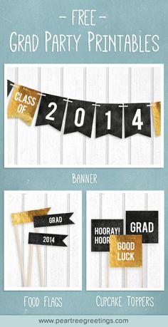 graduation party printables with gold foil and black paper banner on white wood background