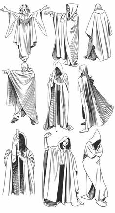 several different types of cloaks and capes, all drawn in black and white