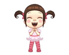 a cartoon girl with her hands together and smiling at the camera, while wearing pink striped pants