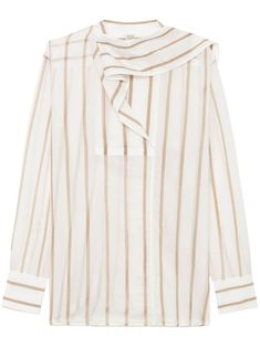 white cotton-silk blend vertical stripe pattern attached scarf round neck long sleeves straight hem White Classic Silk Scarf, Luxury White Silk Scarves, Luxury Vertical Stripes Shirt, Toteme White Shirt, White Vertical Stripe Button-up Shirt, Yoko London, Wardrobe Edit, Exclusive Fashion, Lady Dior