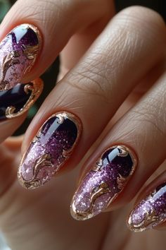 Purple Nail Designs 2024 Baroque Nails, Gold Nail Designs, Stunning Nail Designs, Dark Violet