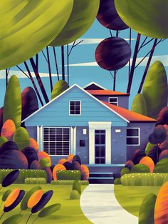 a painting of a blue house surrounded by trees