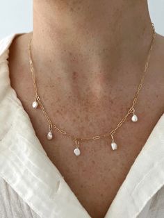 Dainty freshwater pearls on 14k gold-filled link chain 16" adjustable necklace 14k Gold Filled Pearl Necklace, 14k Gold Filled Pearl Charm Necklace, 14k Gold-filled Pearl Charm Chain Necklace, Adjustable Necklace, Stylish Jewelry, Jewelry Tutorials, Link Chain, Jewelry Care, Freshwater Pearls