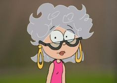 an animated image of a woman with glasses on her face and gray hair wearing yellow earrings