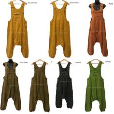 "Our Unique hippie overall is a comfortable, easy to wear Dungarees style piece. Perfect for warmer weather, this hippie Overalls is a fun piece designed to be functional as well as stylish. It comes in 4 different sizes S,M, L XL and unique colours.   Features :-         *100% cotton fabric and handmade in Nepal.   * Adjustable length coconut buttons on                shoulders   * Relaxed fit    *wooden buttons         * Two side pockets and one chest pocket with     button.    *Elastic cuffs at the ankles Measurements :- Small - Chest width: 28cm - Waist circumference: 92cm(36\") - Length (adjustable strap): 132-137cm Medium - Chest width: 28cm - Waist circumference: 100cm( 39\")  - Length (adjustable strap): 133-138cm Large - Chest width: 28cm - Waist circumference: 102cm(40\") - Lengt Bohemian Cotton Jumpsuits And Rompers With Relaxed Fit, Cotton Overalls For Fall, Casual Sleeveless Patchwork Overalls, Baggy Cotton Overalls With Side Pockets, Cotton Festival Overalls And Rompers, Bohemian Overalls With Pockets For Spring, Casual Cotton Jumpsuits And Rompers With Patchwork, Casual Cotton Jumpsuit With Patchwork, Casual Cotton Jumpsuit And Romper With Patchwork