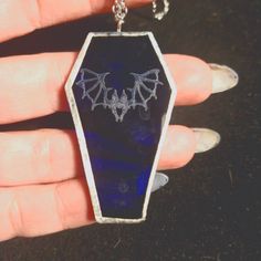 Dark Blue Stained Glass Coffin Pendant With Bat By Gothic Gargoyle Approx 2.5"In Length Sold Without Chain Stained Glass Necklace Pendant, Glass Coffin, Gothic Gargoyles, Stained Glass Necklace, Jewelry Blue, Glass Pendant Necklace, Art Class, Blue And Silver, Womens Jewelry Necklace