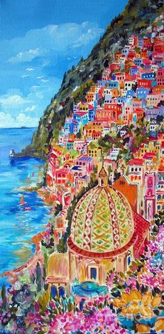 an oil painting of a colorful city by the ocean with flowers in front of it