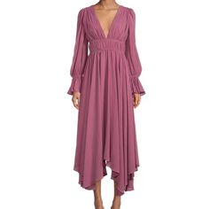 Gianni Bini Plunging V-Neck Long Smocked Cuffed Sleeve Chiffon Midi A Line Dress. Formal, Lightweight Dress In The Color Juneberry, A Muted Purple/Plum Color. Smocked Waistline Plunging V-Back Detail Asymmetrical Hemline Center Back Zip Closure Approx. 46" Length Polyester Size 2. Never Worn. Brand New With Tag. Flowy V-neck Dress With Smocked Cuffs, Evening Dresses With Smocked Cuffs, Evening V-neck Dress With Smocked Bodice, V-neck Chiffon Dress With Smocked Bodice, V-neck Smocked Bodice Dress For Date Night, V-neck Dress With Smocked Bodice For Date Night, V-neck Dress With Smocked Cuffs For Brunch, Fitted V-neck Dress With Smocked Cuffs, Cuffed Sleeve Dress