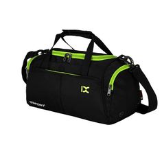 a black and green duffel bag on a white background