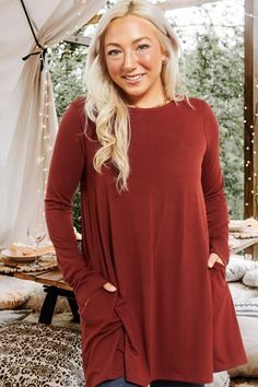 This simple tunic has a flattering flared design, long sleeves, and side pockets. It's a fall staple that will go with everything! Simple Tunic, Fall Staples, My Good, Tunic Top, Cold Shoulder Dress, Tunic Tops