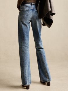 The Rigid Bootcut Jean | Banana Republic Denim Blue Straight Leg Flares For Fall, Fall Denim Blue Straight Leg Flares, Denim Blue Cotton Straight Leg Flares, Classic Cotton Flare Jeans, Fall Denim Blue Flare Jeans, Classic Flare Jeans In Rigid Denim, Denim Blue Straight Fit Flare Jeans For Fall, Fitted Flare Jeans In Faded Rigid Denim, Classic Fall Rigid Denim Flare Jeans