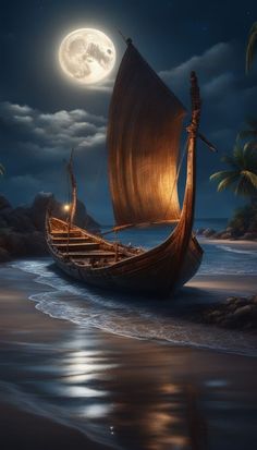 a painting of a boat on the beach with a full moon in the sky behind it