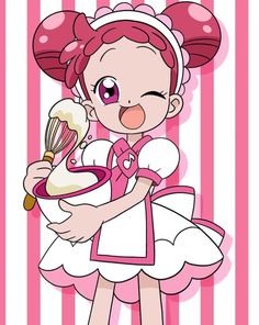 a cartoon character holding a whisk in her hand and wearing a pink dress