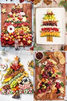 christmas tree made out of fruits and veggies is displayed on a table with other food items