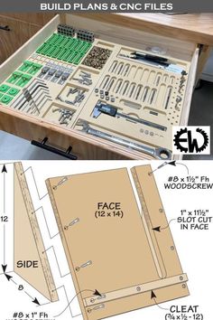 an open drawer with tools in it and instructions on how to build the drawers for each drawer