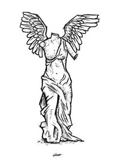 an angel statue is shown in black and white, with wings spread out to the side