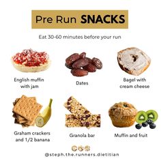 a poster with the words pre run snacks on it and pictures of different foods in them