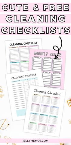 three cleaning checklists with text overlay that reads cute and free cleaning checklist