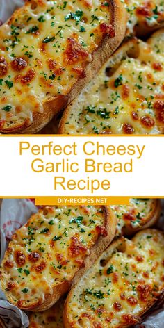 two pictures of garlic bread with cheese and herbs on top, one is cut in half