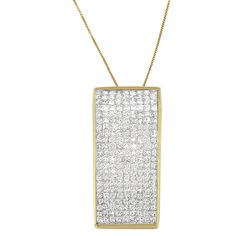 This radiant block pendant is adorned with over two carats of princess cut diamonds for truly brilliant style. Set in 14 karat yellow gold, it's a piece that always gets noticed. Luxury Cubic Zirconia Rectangular Pendant Jewelry, Luxury Rectangular Necklace With Single Cut Diamonds, Luxury Brilliant Cut Rectangular Necklaces, Luxury Fine Jewelry With Rectangular Pendant, Luxury Gold Rectangular Pendant Diamond Necklace, Luxury Rectangular Diamond Necklace For Anniversary, Luxury Gold Diamond Necklace With Rectangular Pendant, Luxury Diamond Necklace With Rectangular Pendant For Anniversary, Luxury Fine Jewelry Necklace With Square Pendant