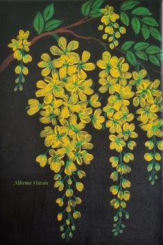 a painting of yellow flowers on a black background