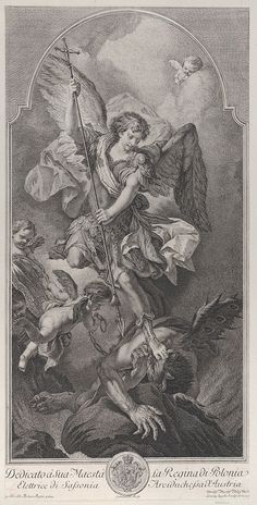 an angel holding a spear and surrounded by other angels