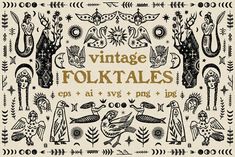 vintage folktales with birds and other decorative elements in black and white on a beige background