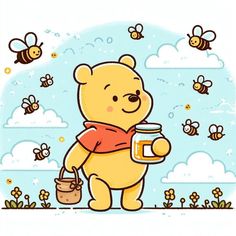 a cartoon bear holding a jar of honey with bees flying around it and clouds in the background