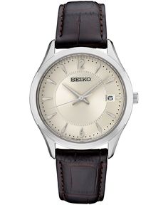 This Essential collection watch is an everyday choice with brown leather and stainless steel. From Seiko. Style #SUR421 Classic Brown Watch, Classic Brown Business Watches, Classic Business Watch Accessories With Metal Dial, Brown Metal Dial Business Watch, Classic Brown Watch Accessories For Formal Occasions, Classic Business Watch With Chronograph, Classic Business Watches With Chronograph, Classic Leather Watch Bands For Business, Classic Leather Watches For Business