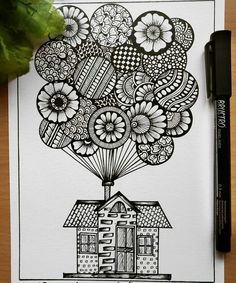 a drawing of a house with flowers in the air and a balloon flying over it