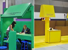 two different images of people sitting at tables and standing in front of booths with signs on them