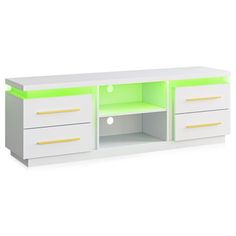 a white and green entertainment center with drawers