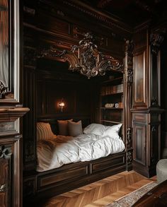 a bed in a room with wooden walls and flooring that is made to look like wood