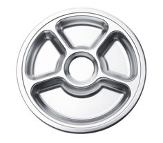 an aluminum plate with four spokes on the side and two holes in the middle