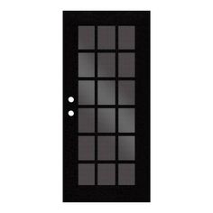 a black door with two white dots on the front and side glass doors, all in different shapes and sizes