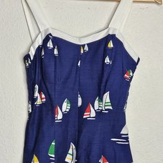 1980s Nautical Cotton Blend Dress With Stretch Smocked Sides & Pockets. Size 8. Tags Attached. Navy Marine Style Summer Dress, Navy Retro Summer Dress, Fitted Nautical Summer Dress, Summer Nautical Style Fitted Dress, Fitted Nautical Dress For Summer, Blue Marine Style Summer Dress, Blue Nautical Dress For Summer, Nautical Dresses For Summer Vacation, Nautical Style Summer Vacation Dresses