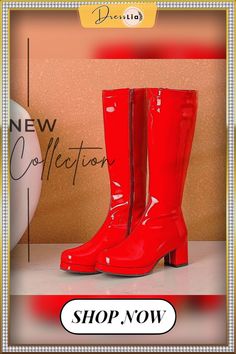 Autumn and Winter New Thick Heel Mid-heel Women's Boots Patent Leather High Boots Square Toe Boots White Side Zipper Pole Dance Boots Red Party Boots With Zipper Closure, High Heel Mid-calf Boots With Zipper For Party, Retro Heeled Boots For Party In Fall, Party Boots With Zipper Closure And Round Toe, Retro Pointed Toe Boots For Party, Party Mid-calf Boots With Block Heel In Faux Leather, Party Heeled Boots With Zipper And Round Toe, Retro Pointed Toe Party Boots, Wide Calf Heeled Boots With Round Toe For Party