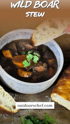 a bowl of soup with bread and parsley on the side that says wild boar stew