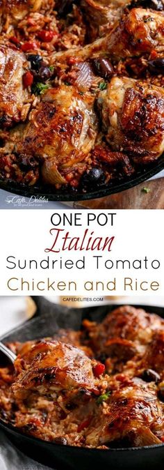 one pot italian sundried tomato chicken and rice casserole is ready to be eaten