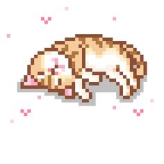 an image of a cat sleeping on the floor pixelated in pink and brown colors