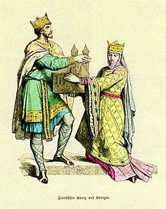 two men dressed in medieval clothing standing next to each other, one wearing a crown