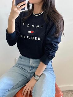 Tommy Hilfiger Stacked EMB Crewneck Desert Sky 78J9708 410 - APLAZE Tommy Outfits Women, Tommy Hilfiger Outfits Women, Tommy Hilfiger Aesthetic, Tommy Hilfiger Outfits, Tomy Hilfiger, Thrift Board, Tommy Hilfiger Fashion, Goal Board, Zara Outfit