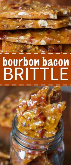 bourbon bacon brittle recipe in a jar with text overlay