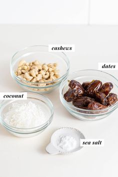 three bowls with different types of food in them on a white counter top next to each other