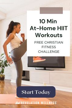 a woman doing yoga with the words 10 min at - home hiit workouts