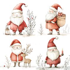 three watercolor paintings of santas carrying gifts and deer in their hands, one holding a candle